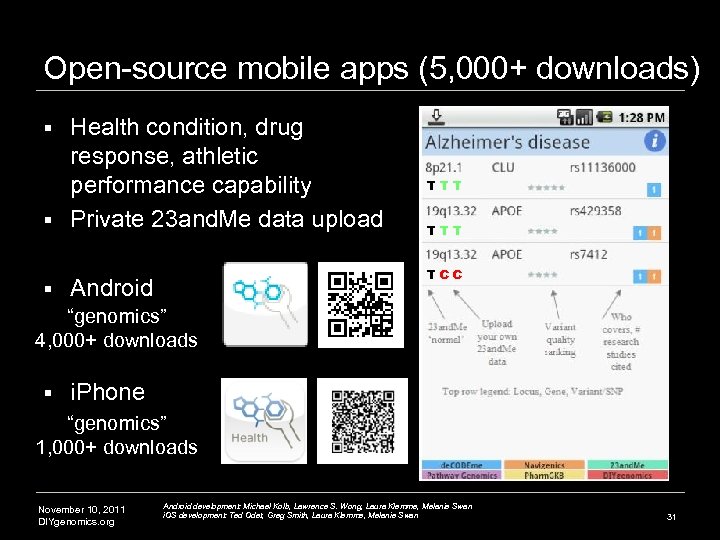 Open-source mobile apps (5, 000+ downloads) Health condition, drug response, athletic performance capability §