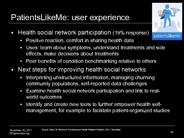 Patients. Like. Me: user experience § Health social network participation (19% response) Positive reaction,
