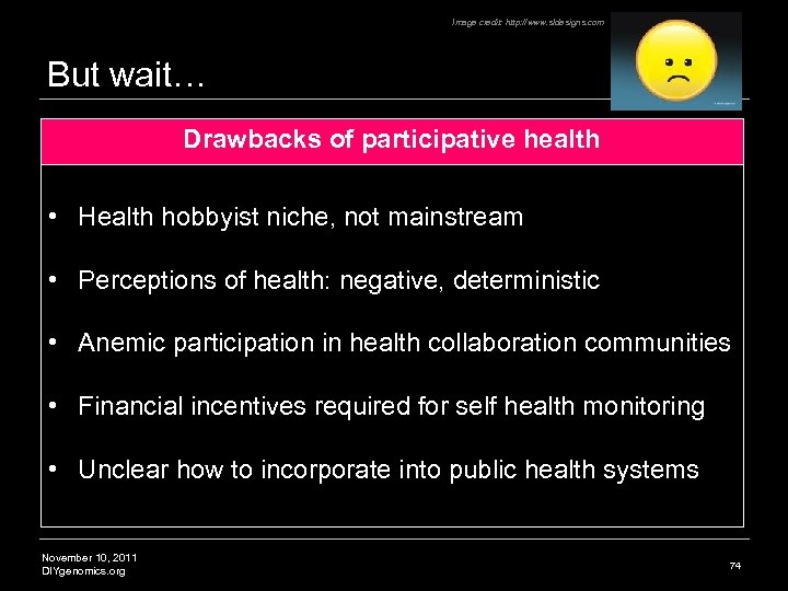 Image credit: http: //www. sldesigns. com But wait… Drawbacks of participative health • Health