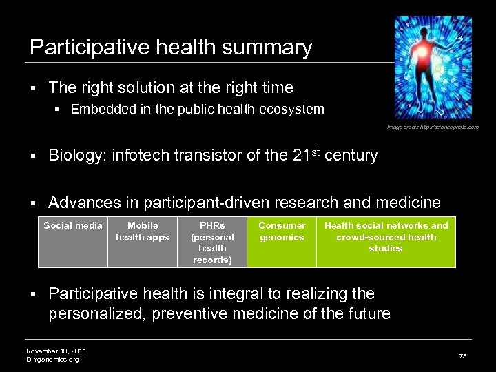 Participative health summary § The right solution at the right time § Embedded in