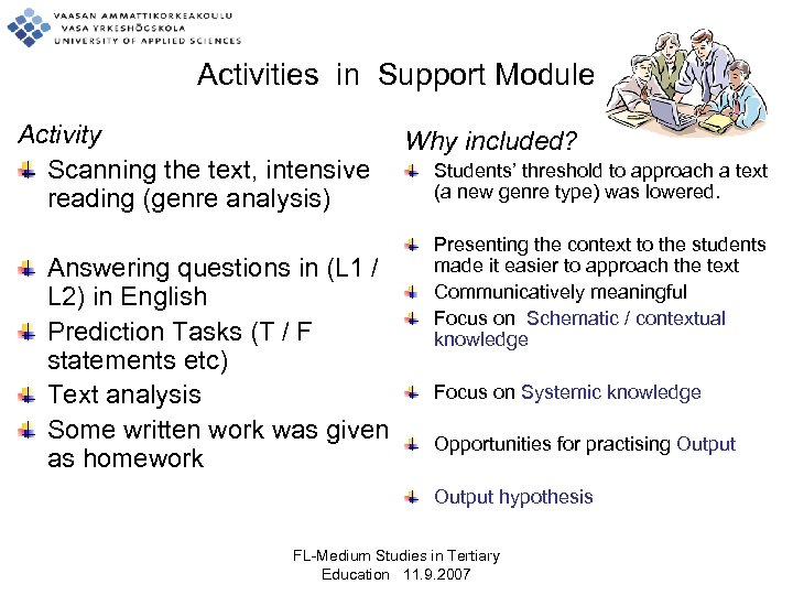 Activities in Support Module Activity Scanning the text, intensive reading (genre analysis) Answering questions