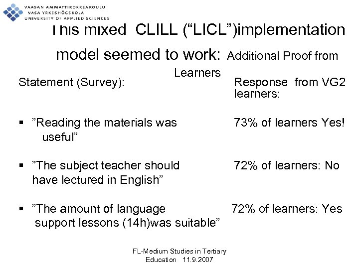 This mixed CLILL (“LICL”)implementation model seemed to work: Statement (Survey): Learners Additional Proof from