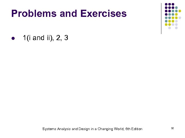 Problems and Exercises l 1(i and ii), 2, 3 Systems Analysis and Design in