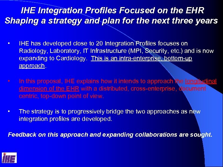 IHE Integration Profiles Focused on the EHR Shaping a strategy and plan for the