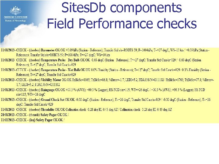 Sites. Db components Field Performance checks 