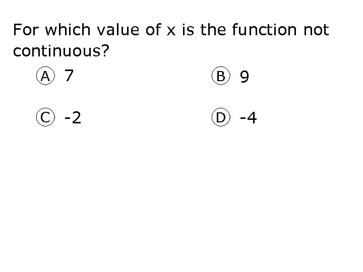 For which value of x is the function not continuous? A 7 B 9