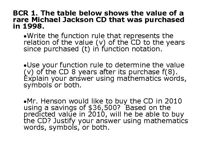 BCR 1. The table below shows the value of a rare Michael Jackson CD