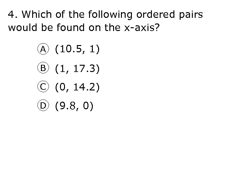 4. Which of the following ordered pairs would be found on the x-axis? A