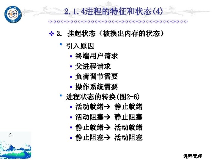 2. 1. 4进程的特征和状态(4) v 3. 挂起状态（被换出内存的状态） ٭ 引入原因 ▪ 终端用户请求 ▪ 父进程请求 ▪ 负荷调节需要