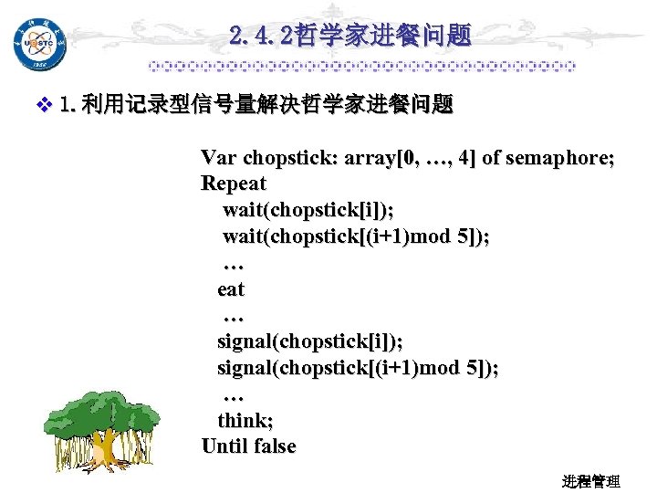 2. 4. 2哲学家进餐问题 v 1. 利用记录型信号量解决哲学家进餐问题 Var chopstick: array[0, …, 4] of semaphore; Repeat