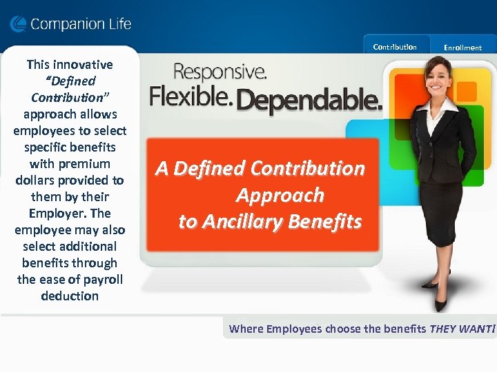 Contribution This innovative “Defined Contribution” approach allows employees to select specific benefits with premium