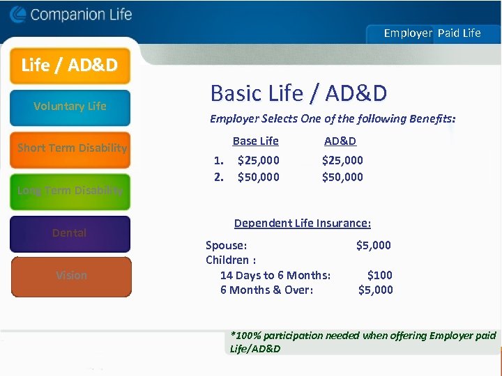 Employer Paid Life / AD&D Basic Life / AD&D Voluntary Life Employer Selects One