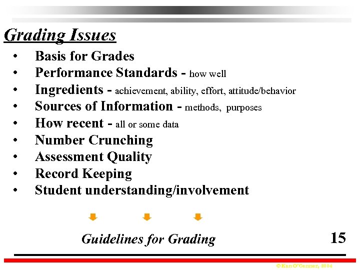Grading Issues • • • Basis for Grades Performance Standards - how well Ingredients