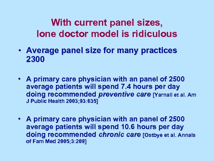 With current panel sizes, lone doctor model is ridiculous • Average panel size for