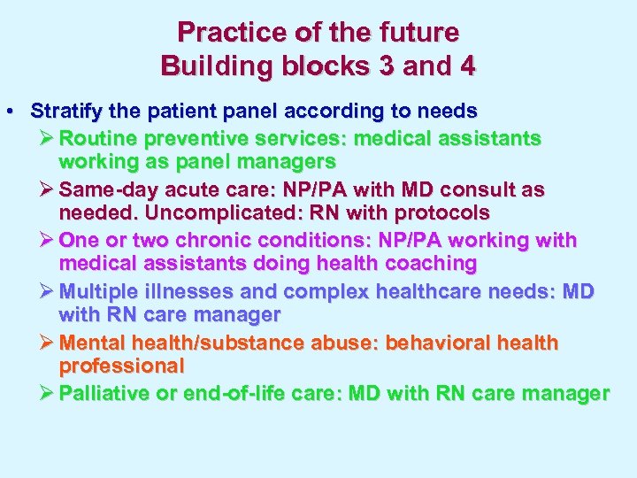 Practice of the future Building blocks 3 and 4 • Stratify the patient panel