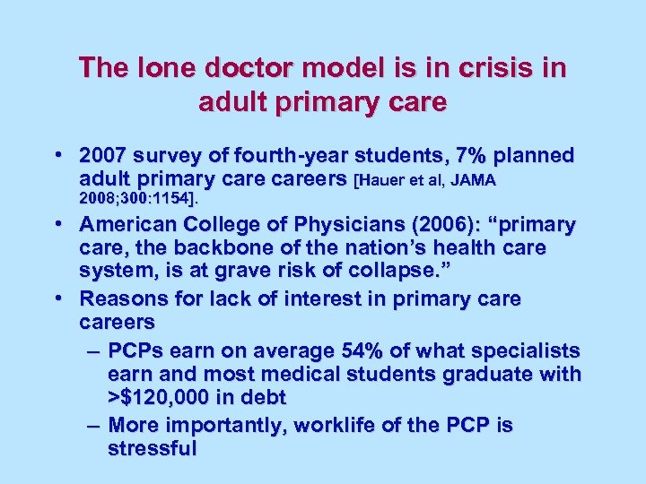 The lone doctor model is in crisis in adult primary care • 2007 survey