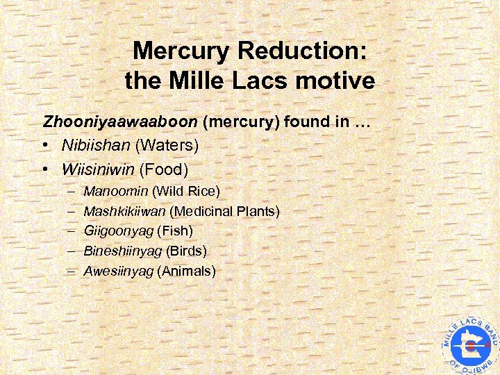 Mercury Reduction: the Mille Lacs motive Zhooniyaawaaboon (mercury) found in … • Nibiishan (Waters)