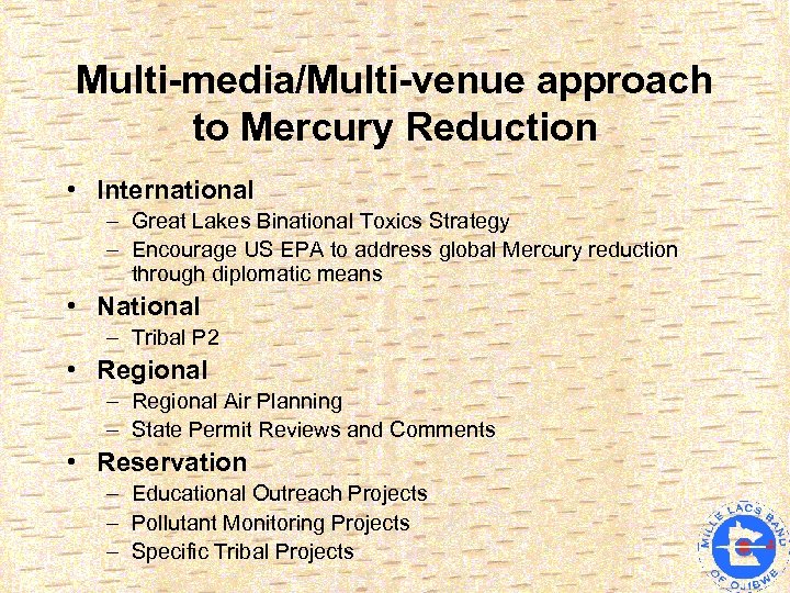 Multi-media/Multi-venue approach to Mercury Reduction • International – Great Lakes Binational Toxics Strategy –