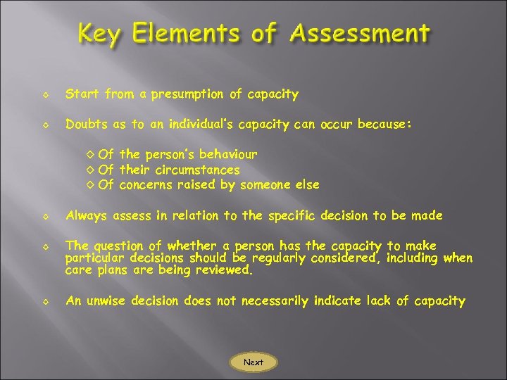 ◊ Start from a presumption of capacity ◊ Doubts as to an individual’s capacity