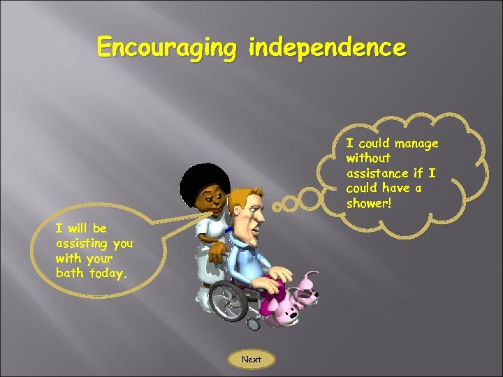 Encouraging independence I could manage without assistance if I could have a shower! I