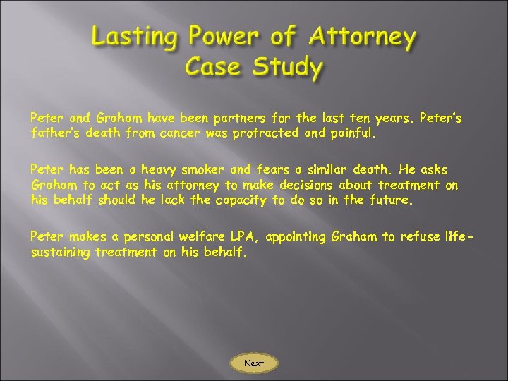 Peter and Graham have been partners for the last ten years. Peter’s father’s death