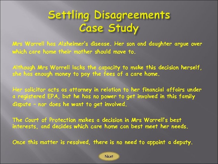 Mrs Worrell has Alzheimer’s disease. Her son and daughter argue over which care home