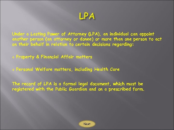 Under a Lasting Power of Attorney (LPA), an individual can appoint another person (an
