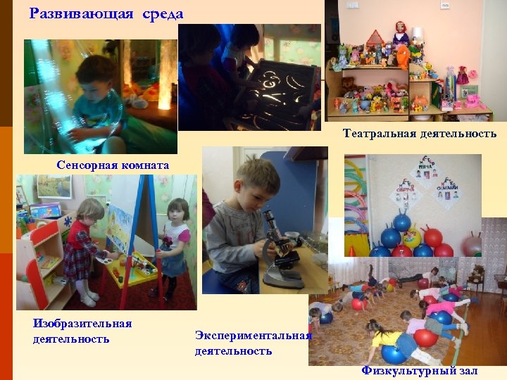 Развивающая среда Театральная деятельность Сенсорная комната Изобразительная деятельность Экспериментальная деятельность Физкультурный зал 