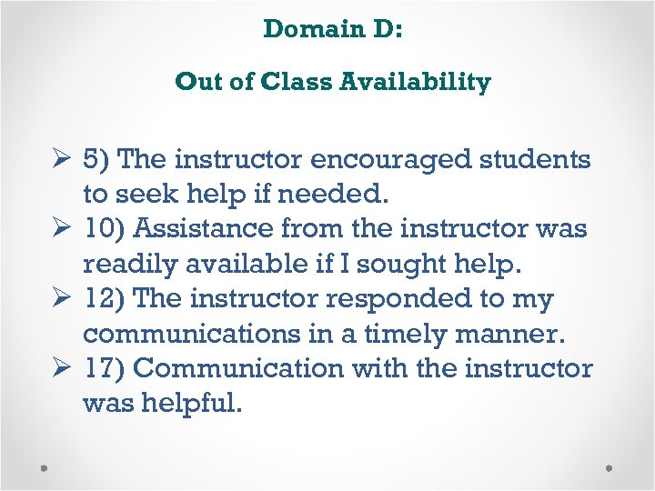 Domain D: Out of Class Availability Ø 5) The instructor encouraged students to seek