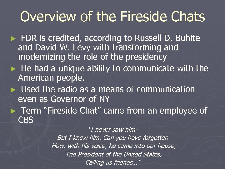 Overview of the Fireside Chats FDR is credited, according to Russell D. Buhite and