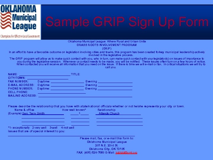 Sample GRIP Sign Up Form Oklahoma Municipal League: Where Rural and Urban Unite GRASS