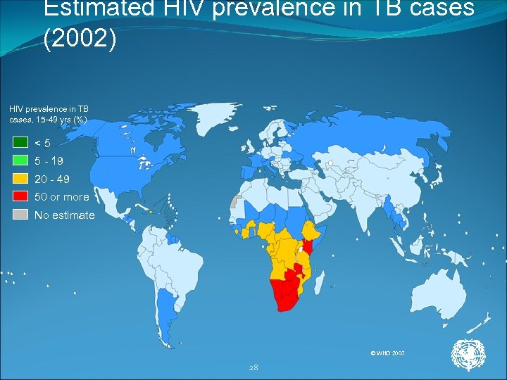 Estimated HIV prevalence in TB cases (2002) HIV prevalence in TB cases, 15 -49