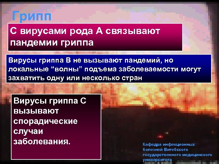 Грипп С вирусами рода А связывают пандемии гриппа Вирусы гриппа В не вызывают пандемий,