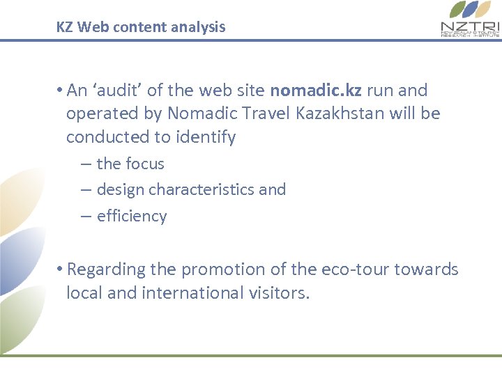 KZ Web content analysis • An ‘audit’ of the web site nomadic. kz run