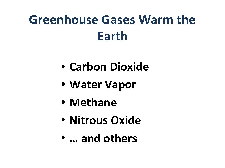 Greenhouse Gases Warm the Earth • • • Carbon Dioxide Water Vapor Methane Nitrous