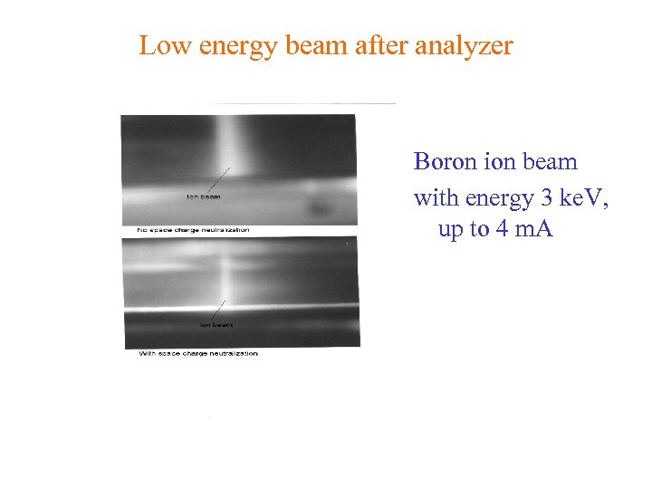 Low energy beam after analyzer Boron ion beam with energy 3 ke. V, up