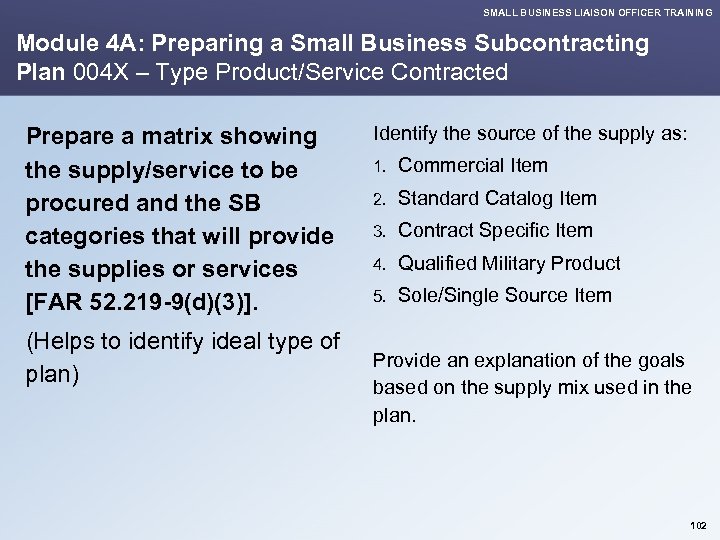 SMALL BUSINESS LIAISON OFFICER TRAINING Module 4 A: Preparing a Small Business Subcontracting Plan