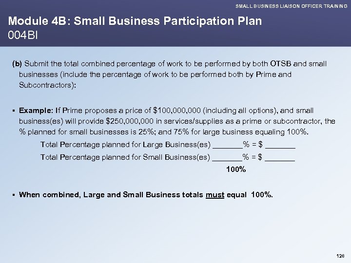 SMALL BUSINESS LIAISON OFFICER TRAINING Module 4 B: Small Business Participation Plan 004 BI