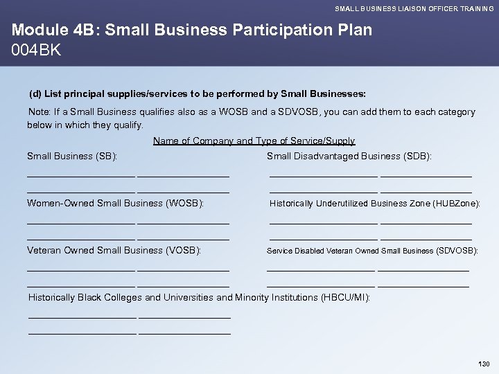 SMALL BUSINESS LIAISON OFFICER TRAINING Module 4 B: Small Business Participation Plan 004 BK