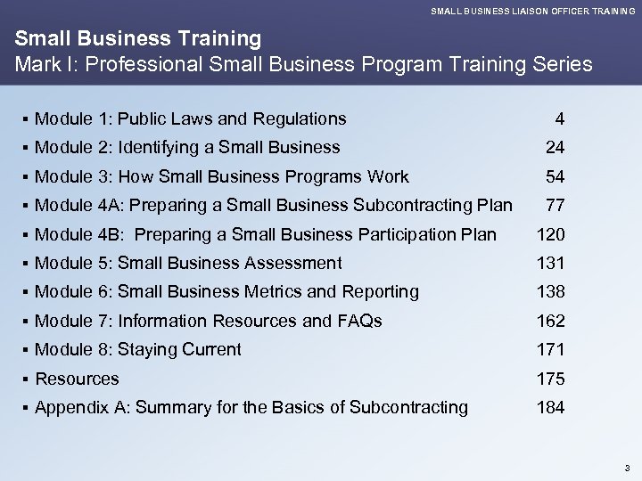 SMALL BUSINESS LIAISON OFFICER TRAINING Small Business Training Mark I: Professional Small Business Program