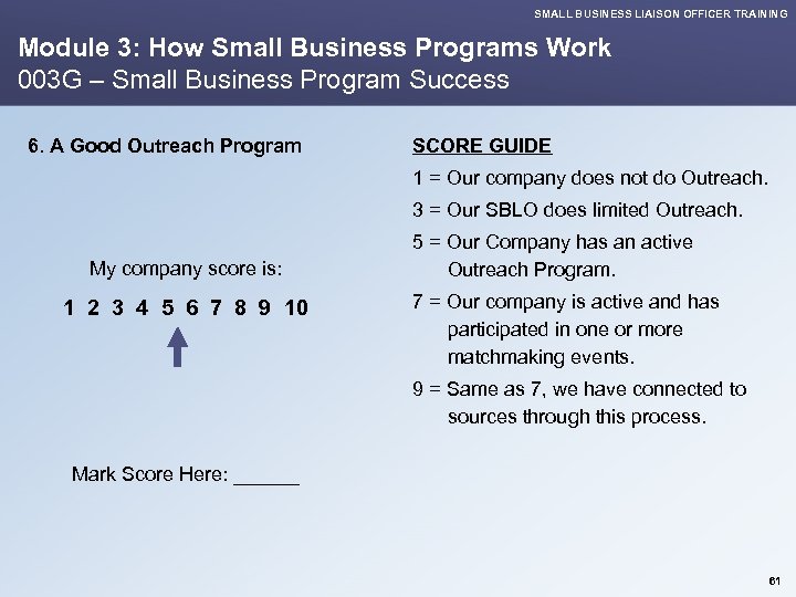 SMALL BUSINESS LIAISON OFFICER TRAINING Module 3: How Small Business Programs Work 003 G
