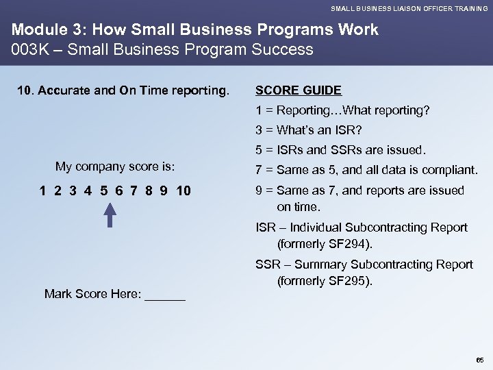 SMALL BUSINESS LIAISON OFFICER TRAINING Module 3: How Small Business Programs Work 003 K