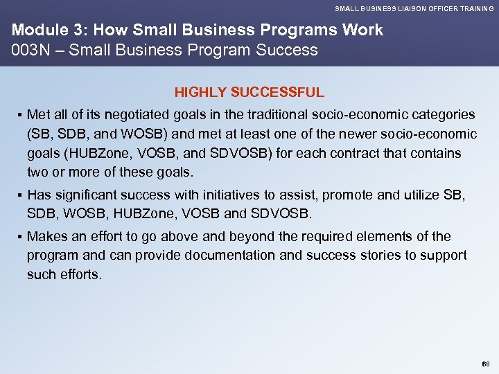 SMALL BUSINESS LIAISON OFFICER TRAINING Module 3: How Small Business Programs Work 003 N