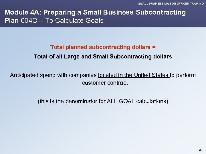 SMALL BUSINESS LIAISON OFFICER TRAINING Module 4 A: Preparing a Small Business Subcontracting Plan