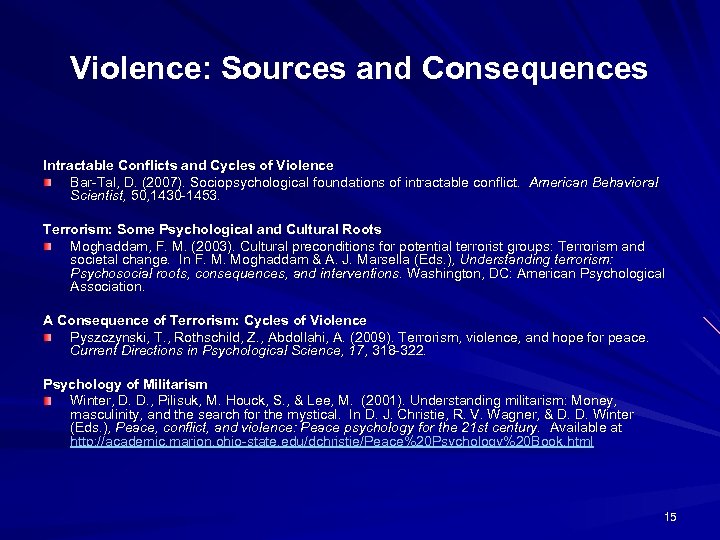 Violence: Sources and Consequences Intractable Conflicts and Cycles of Violence Bar-Tal, D. (2007). Sociopsychological