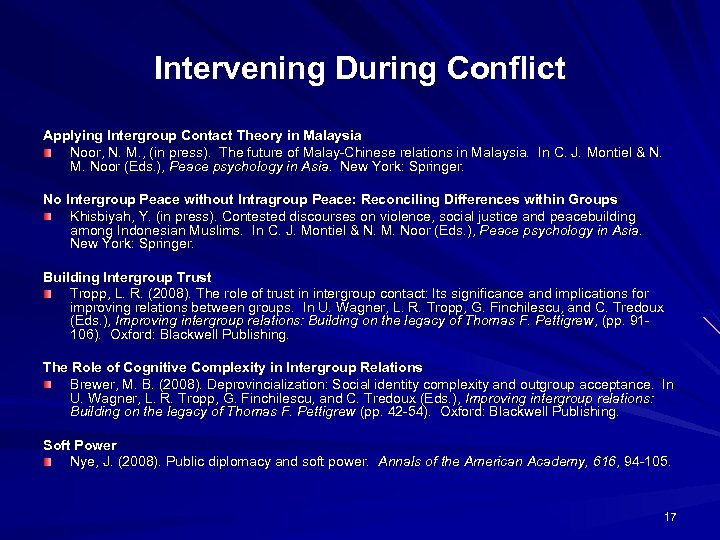 Intervening During Conflict Applying Intergroup Contact Theory in Malaysia Noor, N. M. , (in