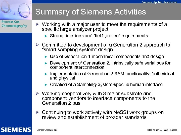 Siemens Applied Automation Summary of Siemens Activities Process Gas Chromatography Ø Working with a