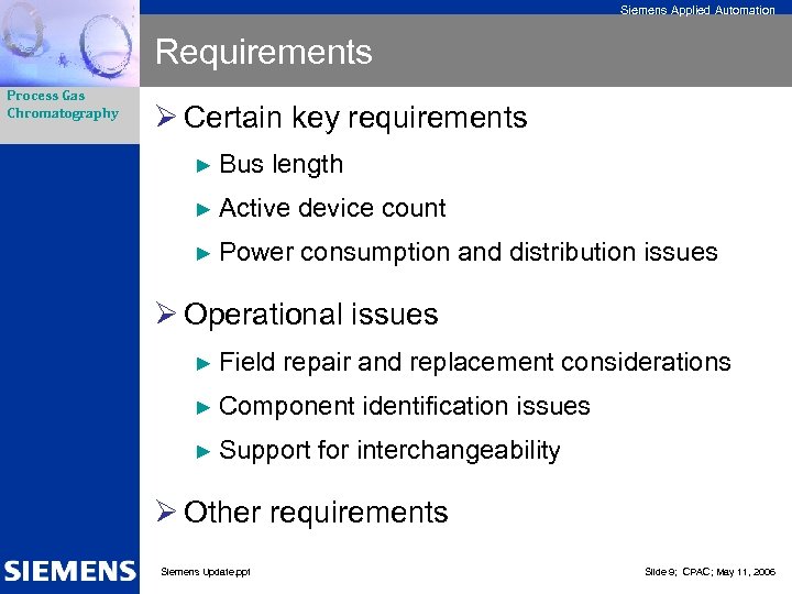 Siemens Applied Automation Requirements Process Gas Chromatography Ø Certain key requirements ► Bus length