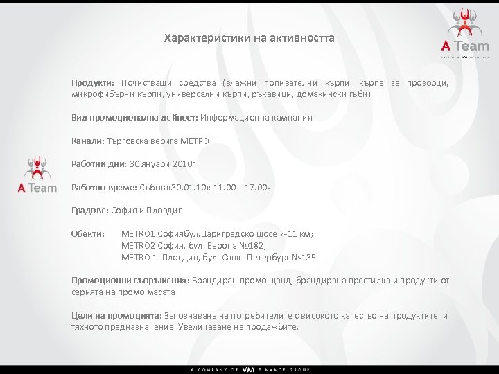 Характеристики на активността Продукти: Почистващи средства (влажни попивателни кърпи, кърпа за прозорци, микрофибърни кърпи,