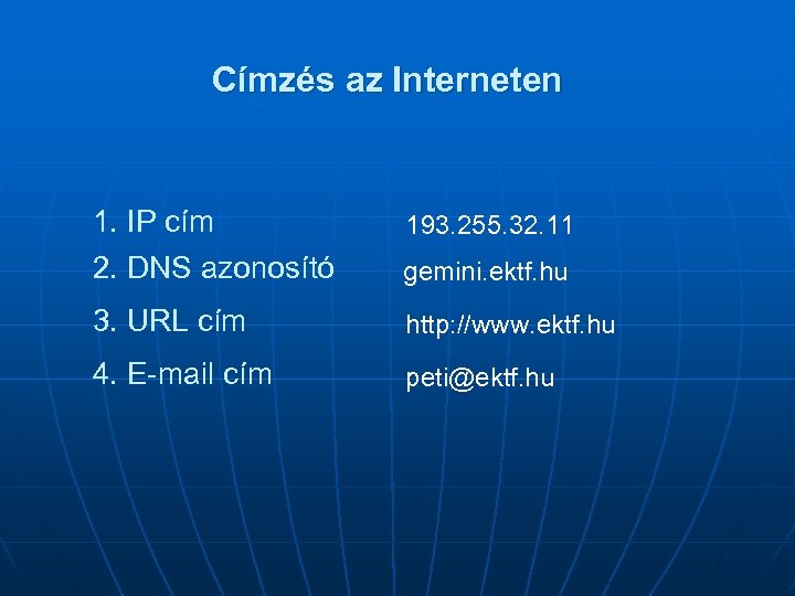 Címzés az Interneten 1. IP cím 2. DNS azonosító gemini. ektf. hu 3. URL